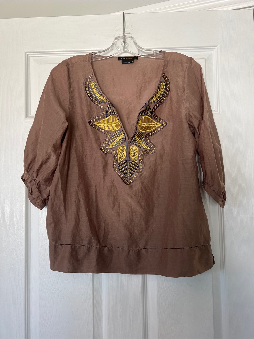BCBGMaxAzria Brown Tunic with Yellow Embroidered V-Neck
